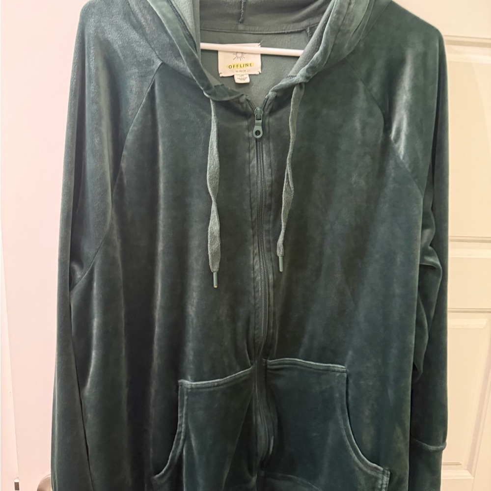 Aerie Offline Green Velour Zip Up Hoodie and Pants Set - Picture 3 of 6